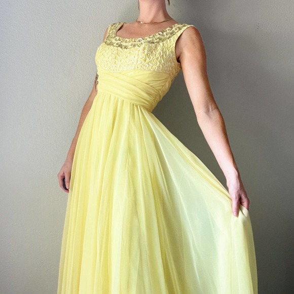 Vintage 1960's Mike Benet Yellow Chiffon Beaded Formal Maxi Gown - Picture 4 of 8